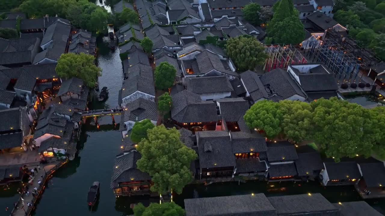 乌镇西栅夜景航拍视频素材画面1