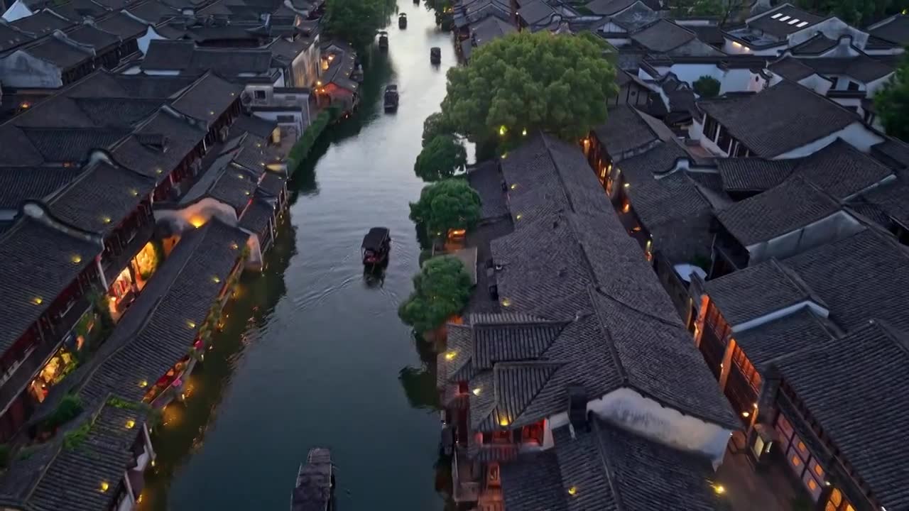 乌镇西栅夜景航拍视频素材画面1