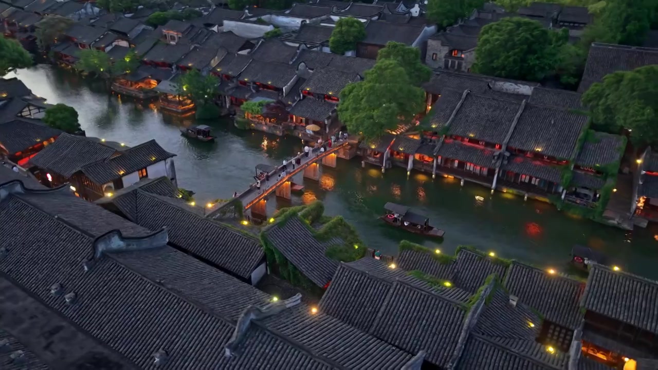 乌镇西栅夜景航拍视频素材画面4