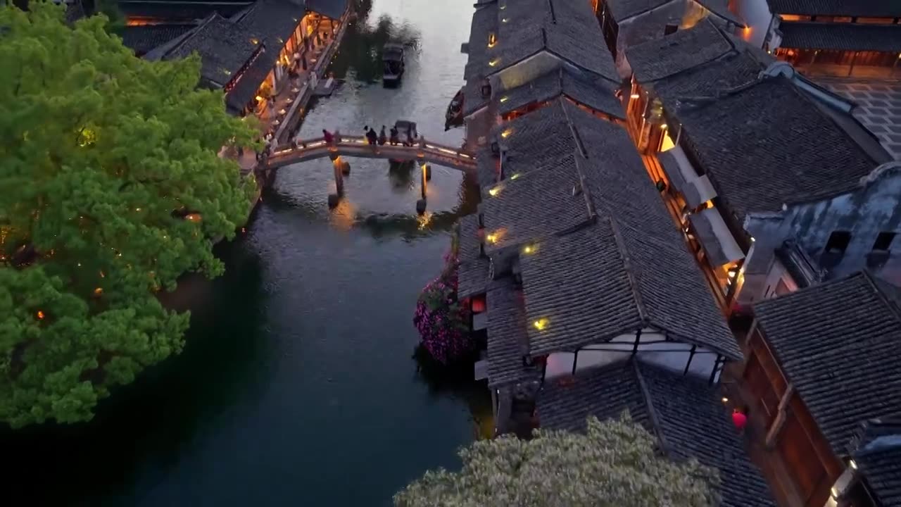 乌镇西栅夜景航拍视频素材画面1