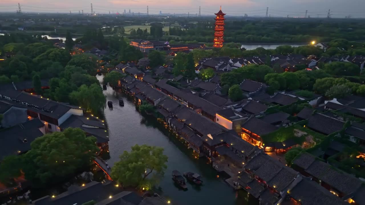 乌镇西栅夜景航拍视频素材画面1