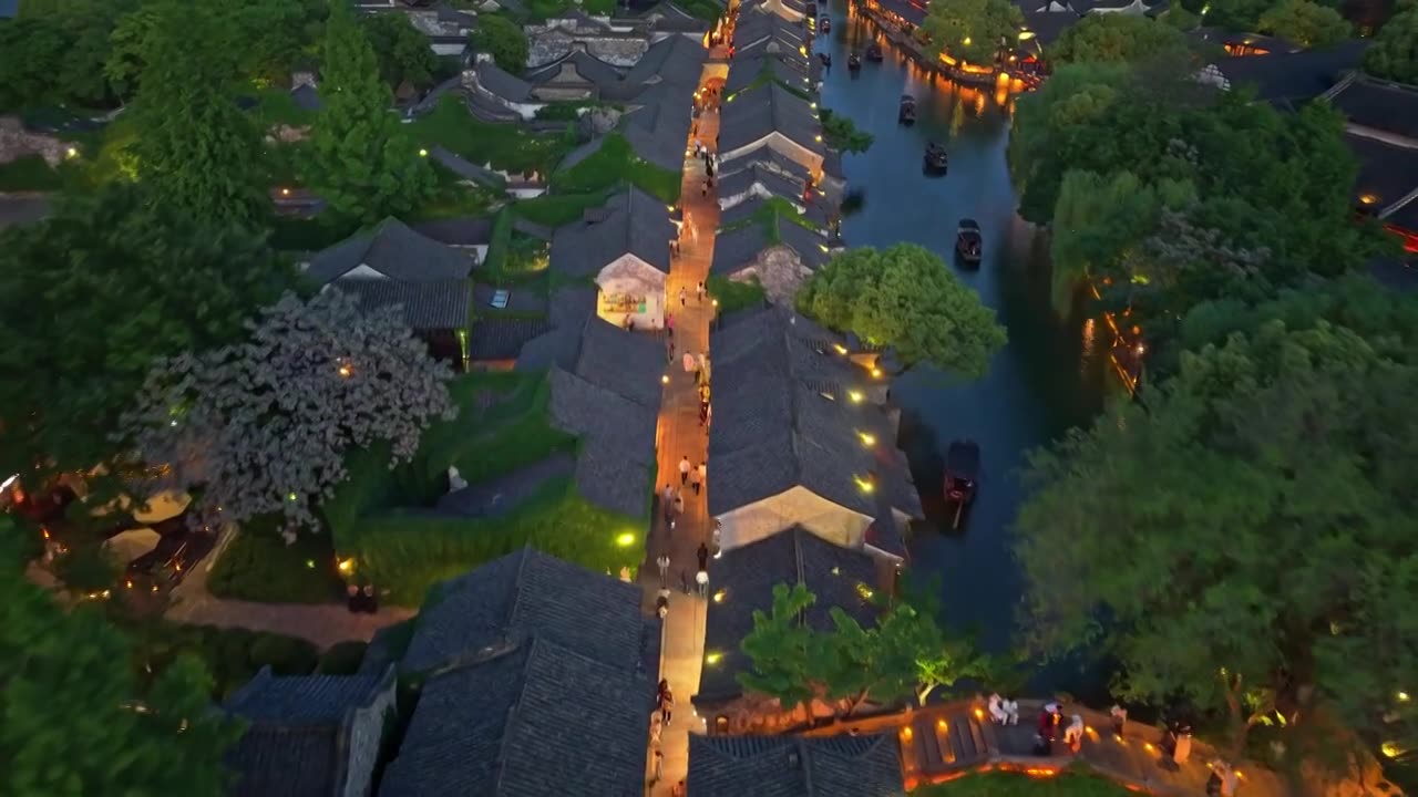 乌镇西栅夜景航拍视频素材画面1