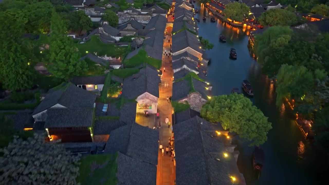 乌镇西栅夜景航拍视频素材画面3