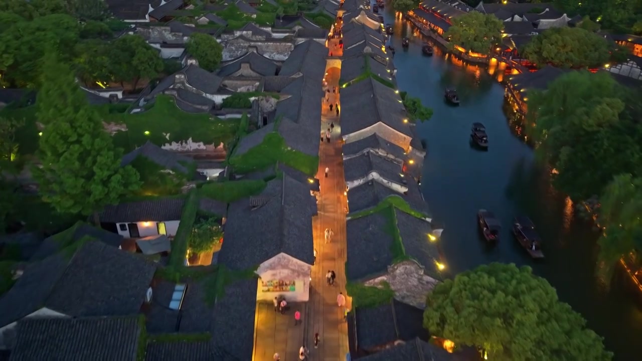 乌镇西栅夜景航拍视频素材画面4