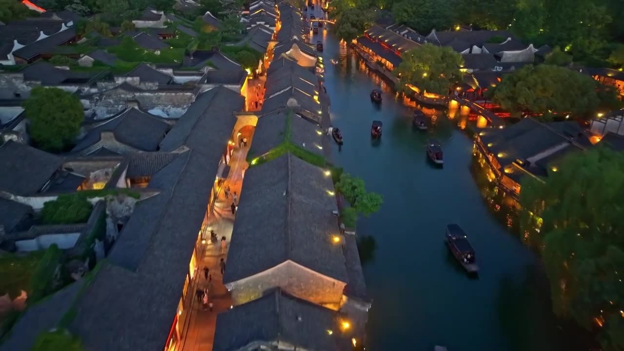 乌镇西栅夜景航拍视频素材画面1