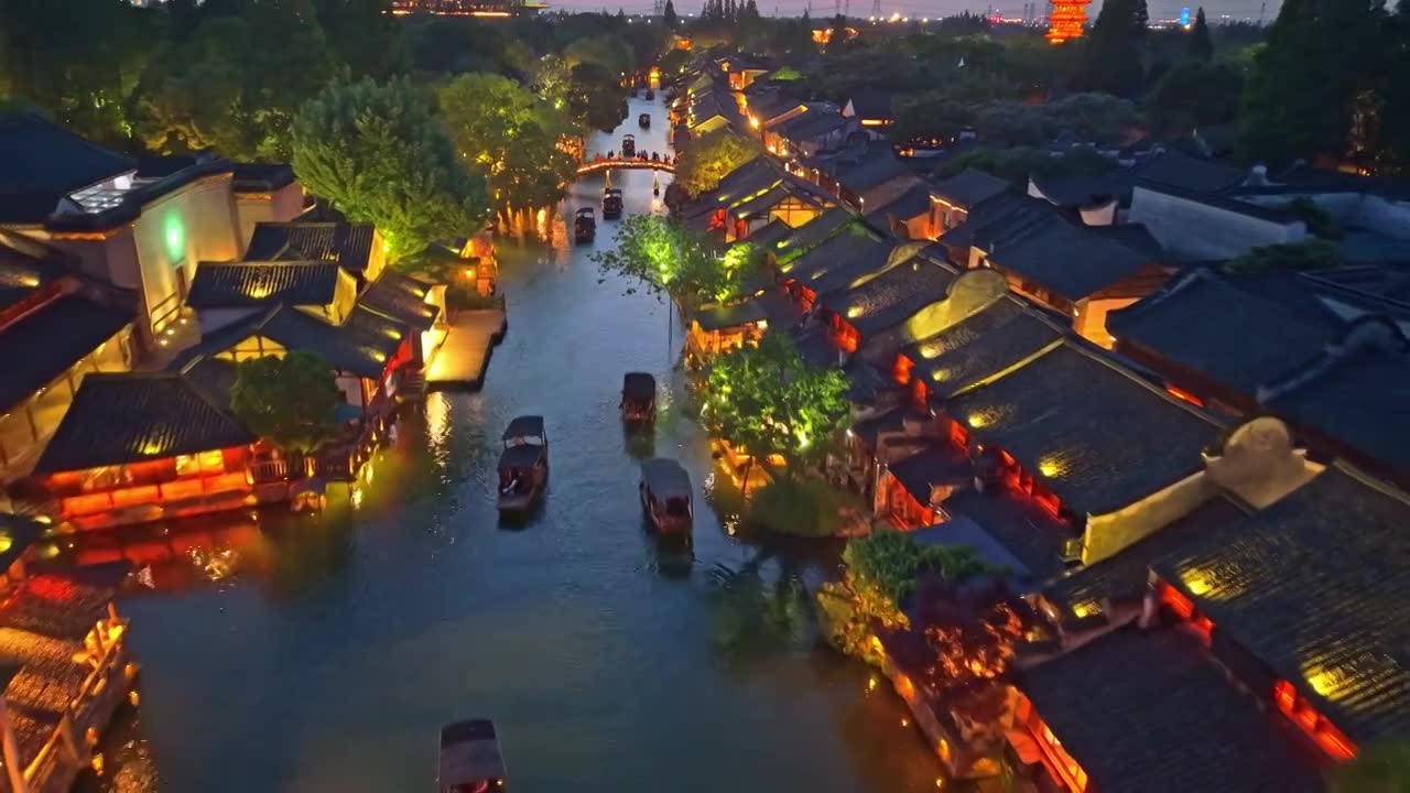 乌镇西栅夜景航拍视频素材画面1