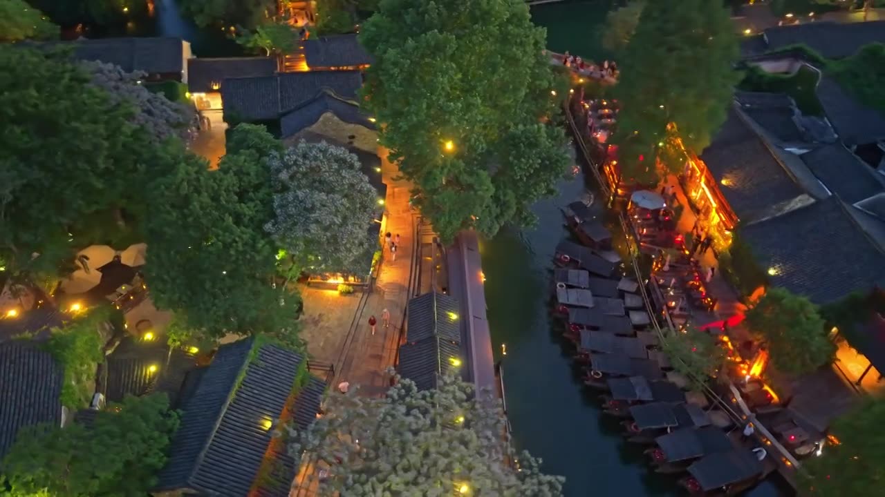 乌镇西栅夜景航拍视频素材画面1