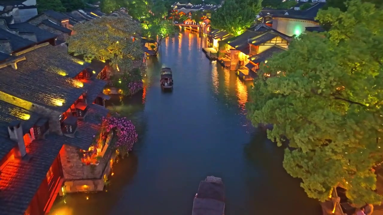 乌镇西栅夜景航拍视频素材画面4