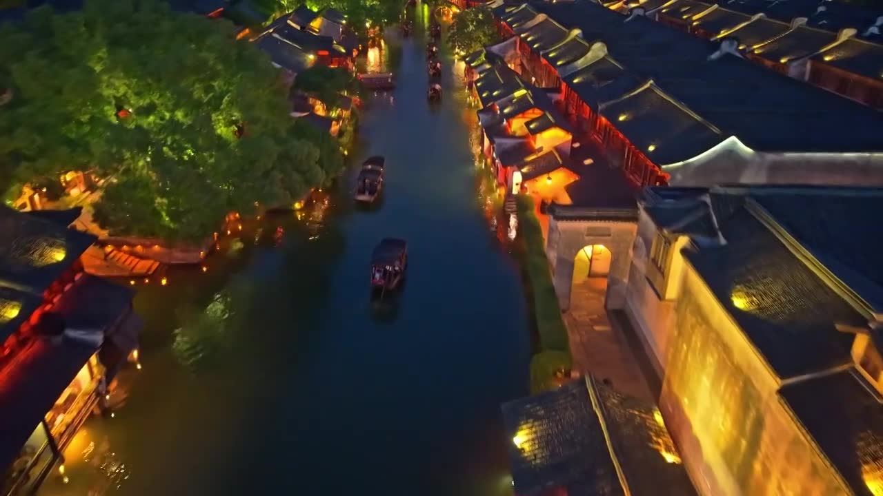 乌镇西栅夜景航拍视频素材画面1