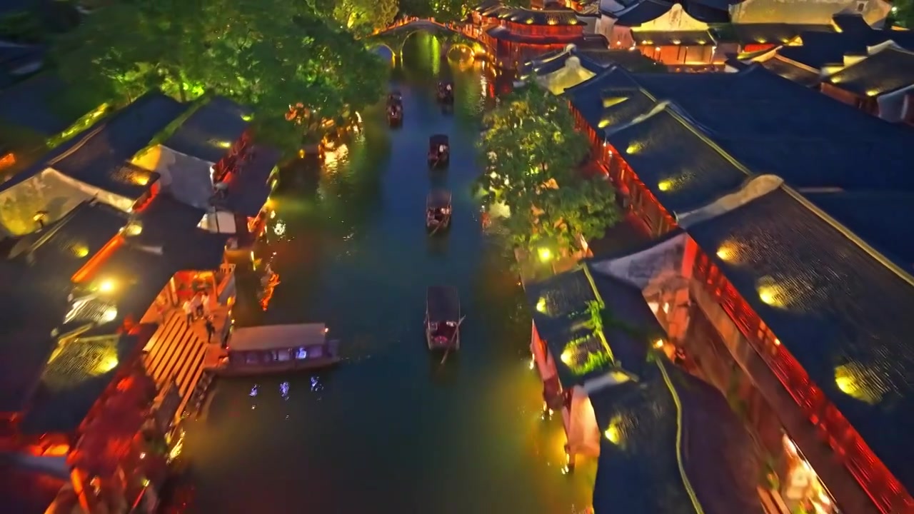 乌镇西栅夜景航拍视频素材画面4