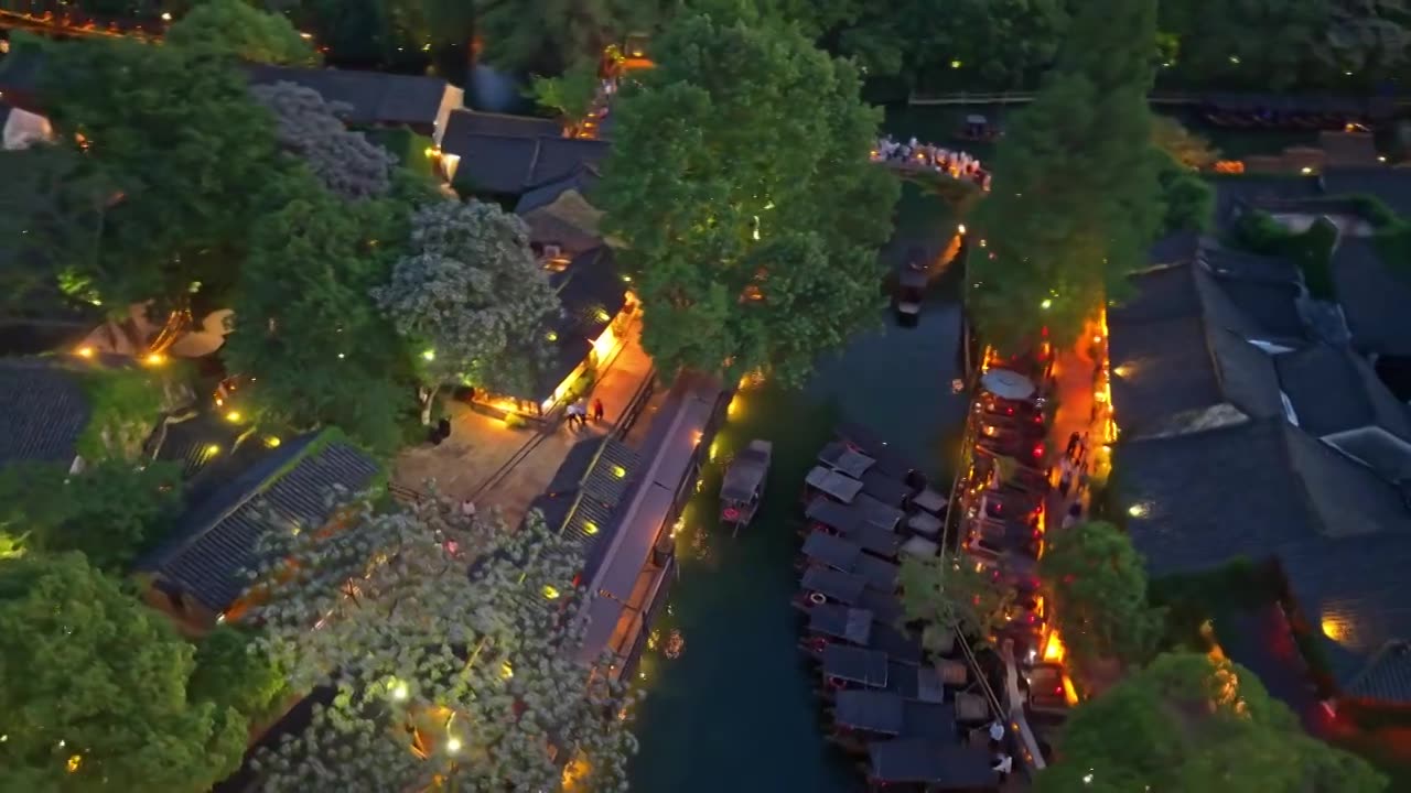 乌镇西栅夜景航拍视频素材画面1