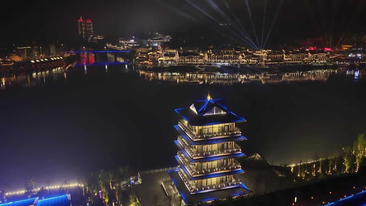 4K航拍怀化市洪江区洪江古商城夜景视频素材画面1