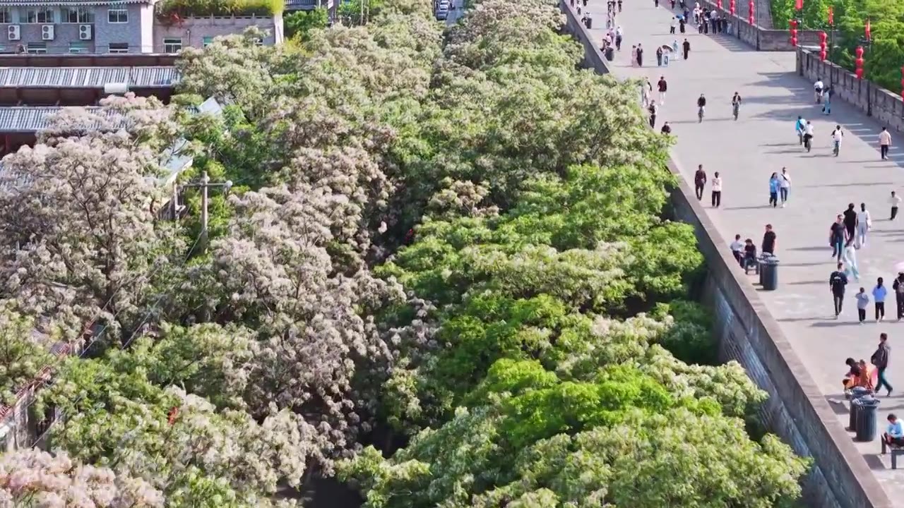 西安城墙西门安定门护城河五一航拍风景视频素材画面3