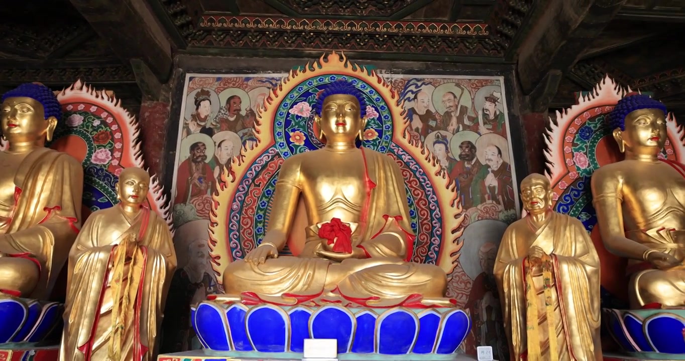 山西朔州净土寺大雄宝殿三世佛与十八罗汉视频素材画面3