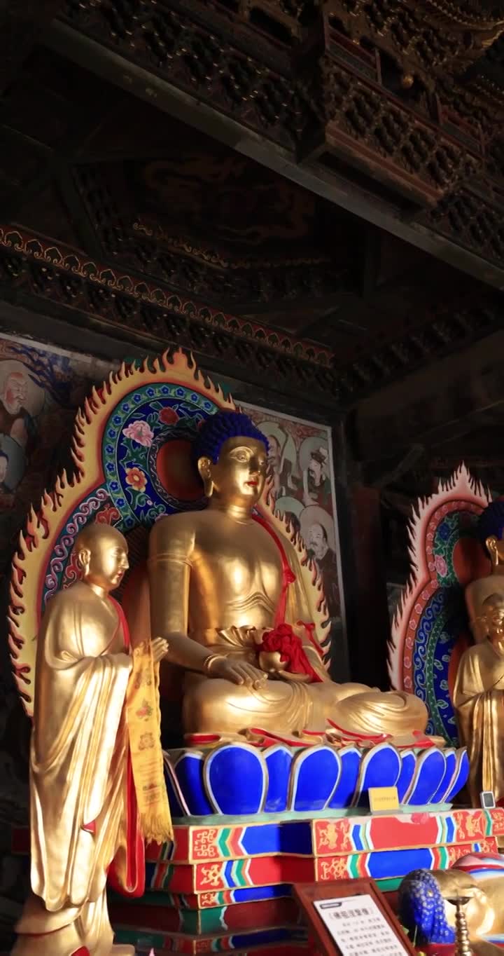 山西朔州净土寺大雄宝殿三世佛与十八罗汉视频素材画面1