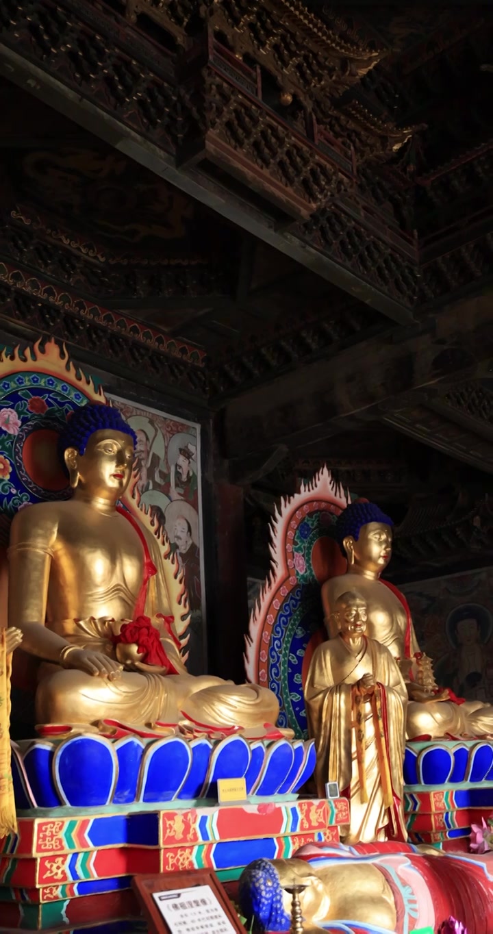 山西朔州净土寺大雄宝殿三世佛与十八罗汉视频素材画面4