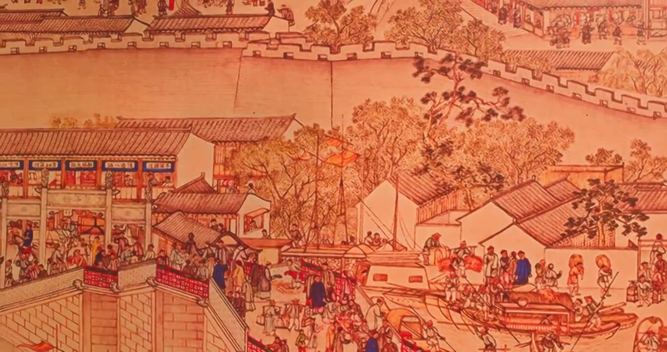 古代繁华城市水乡生活画卷局部视频素材画面4