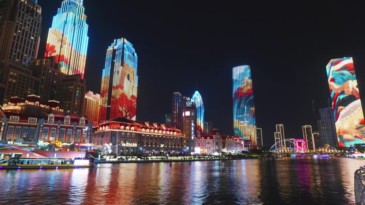 天津津湾广场城市风光夜景视频素材画面4