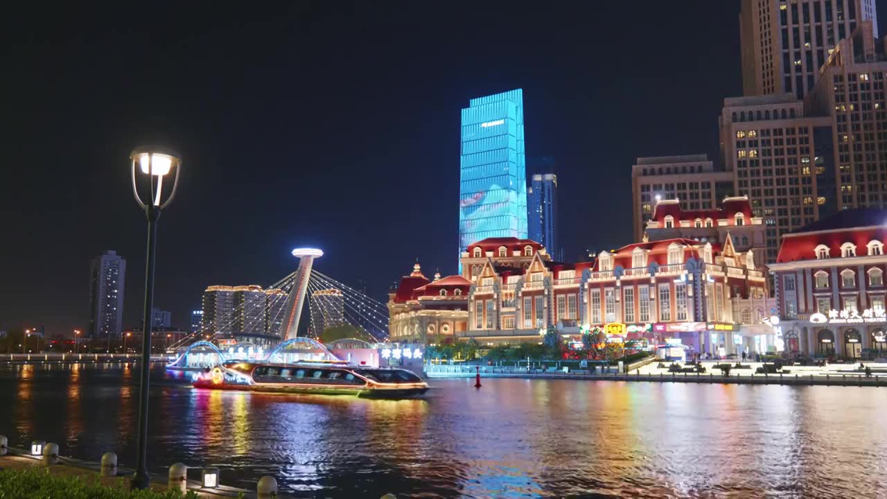 天津津湾广场城市风光夜景视频素材画面1
