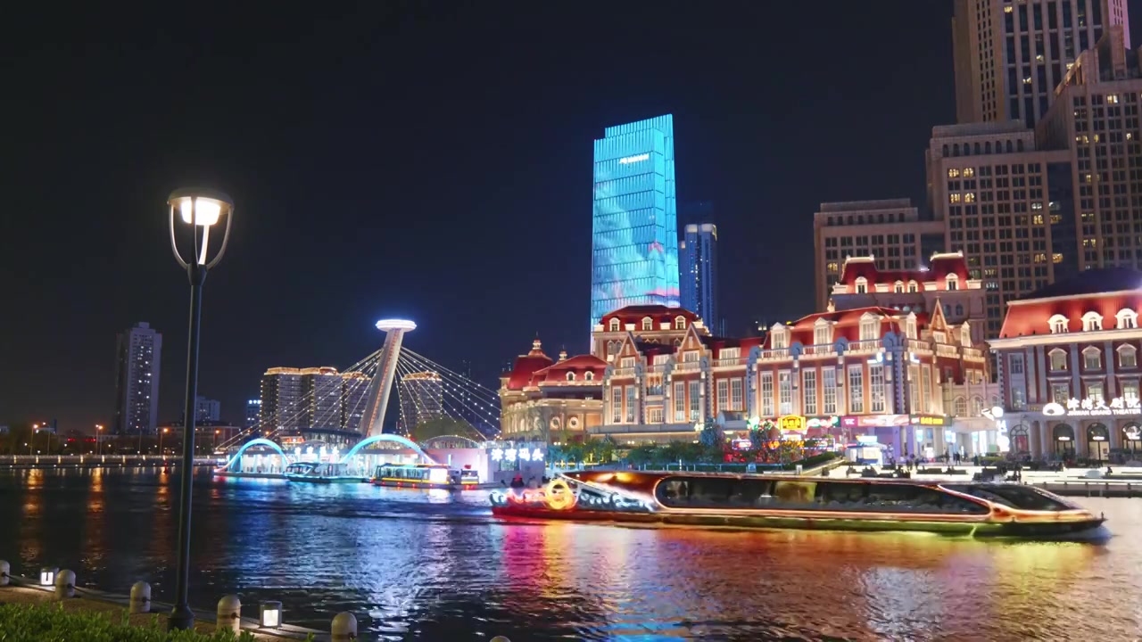 天津津湾广场城市风光夜景视频素材画面3