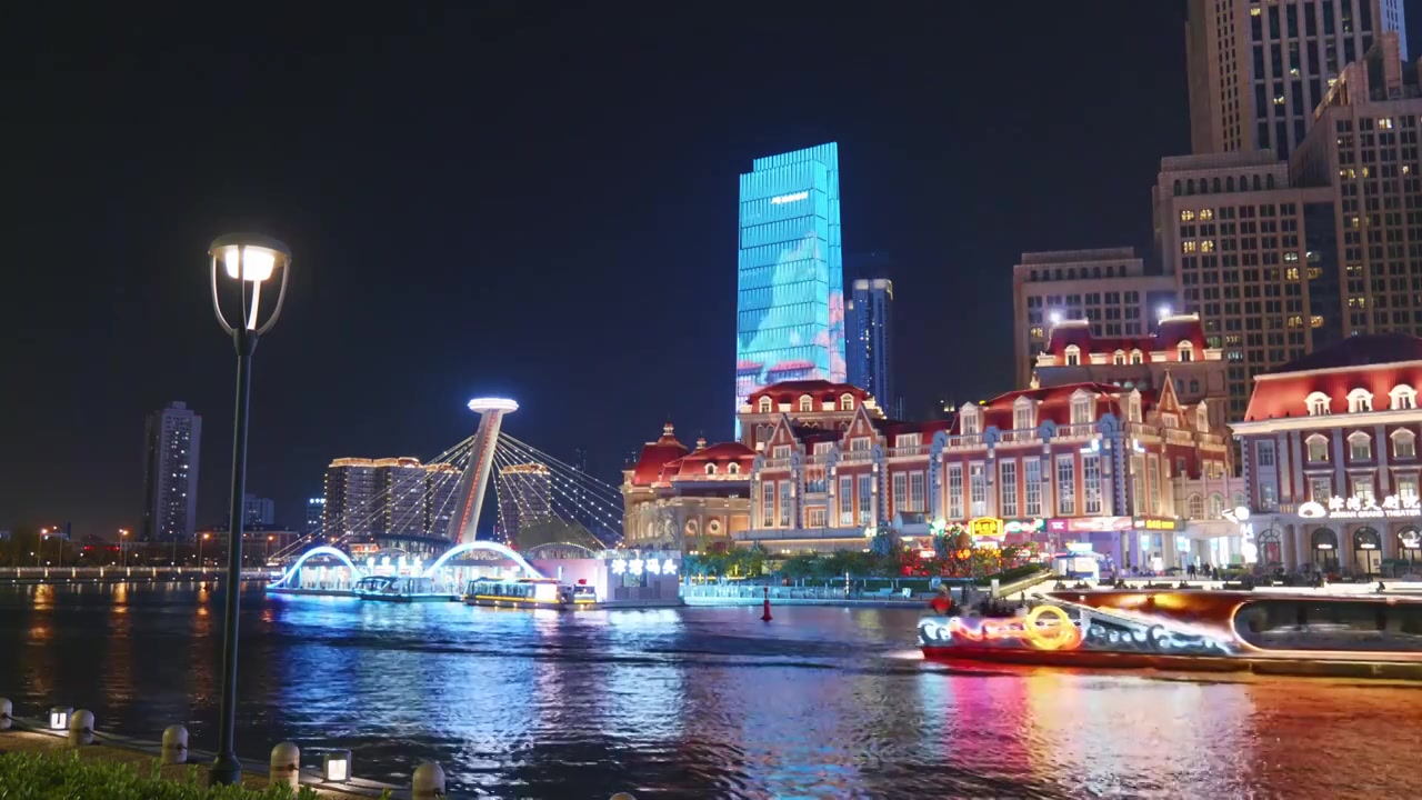 天津津湾广场城市风光夜景视频素材画面4