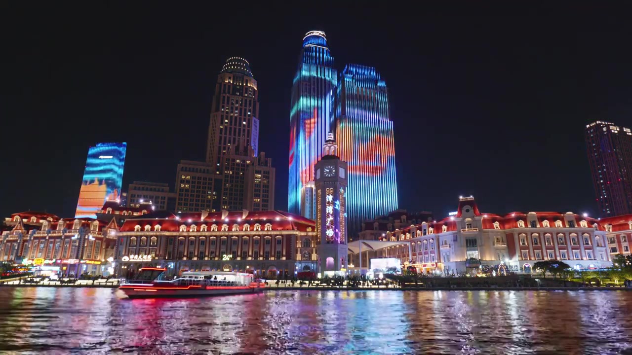 天津津湾广场城市风光夜景视频素材画面3