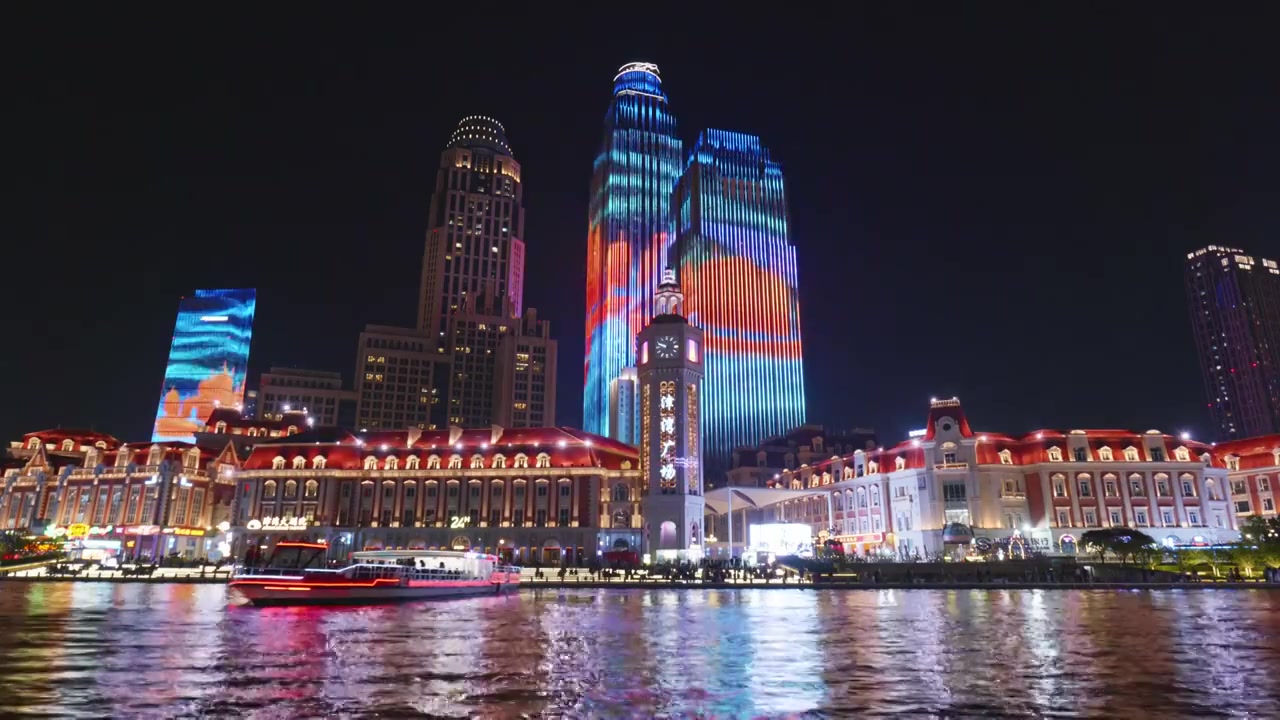 天津津湾广场城市风光夜景视频素材画面4
