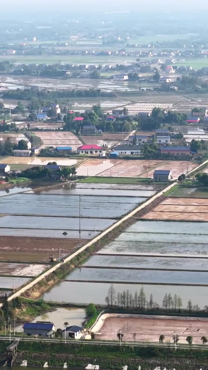 航拍湖南益阳来仪湖国家湿地公园及田野视频素材画面1