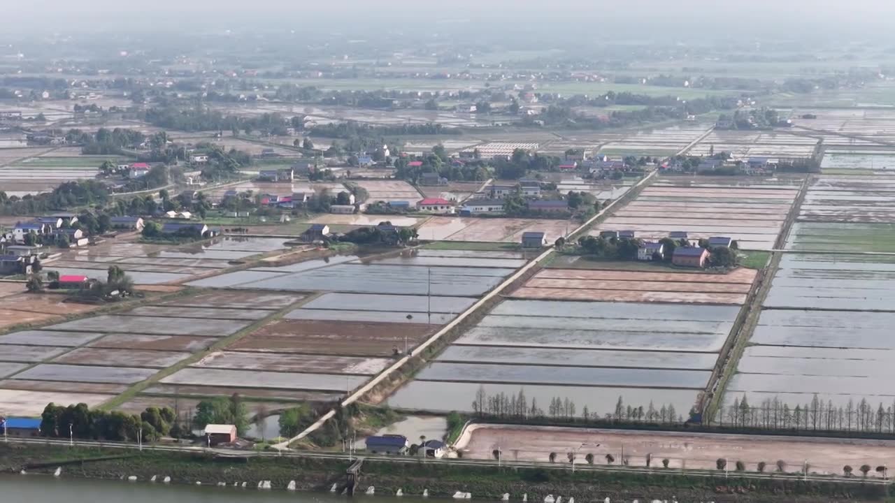 航拍湖南益阳来仪湖国家湿地公园及田野视频素材画面1