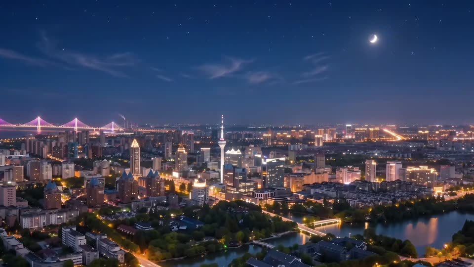 南通夜景航拍延时摄影视频素材画面1