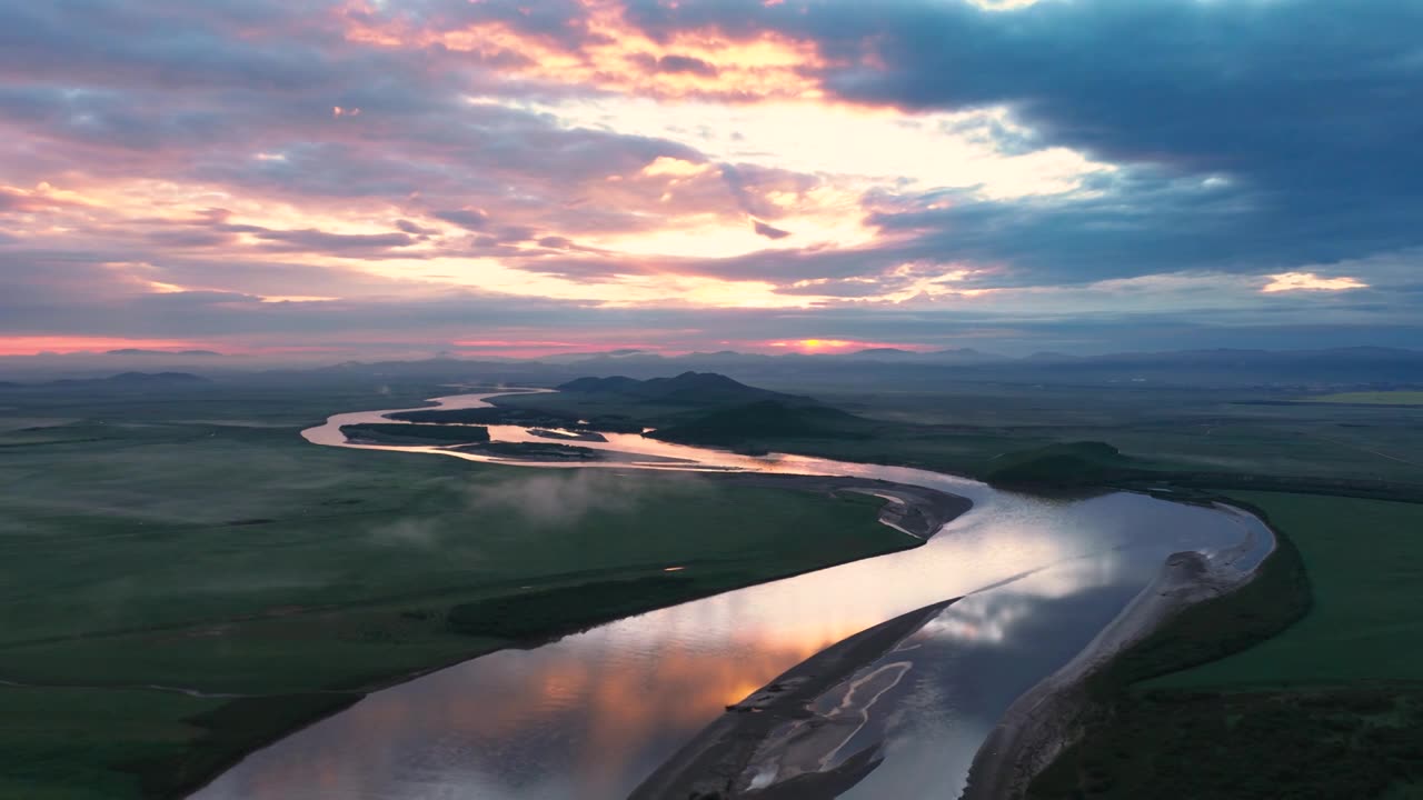 四川黄河九曲晨雾日出高原自然风光航拍全景大片视频素材画面1
