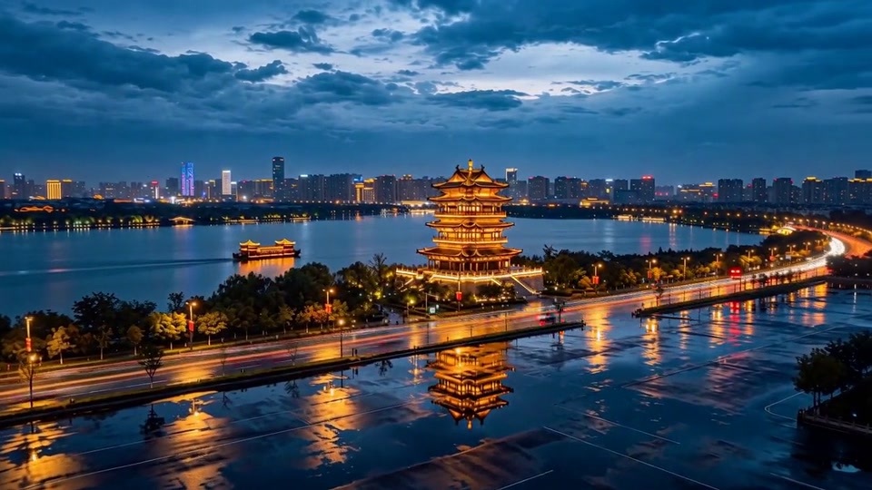 济南超然楼雨夜夜景航拍视频素材画面4