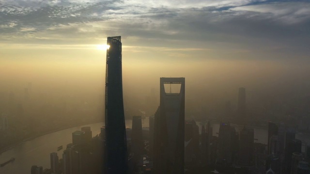 雨过天晴霞光映照下的上海陆家嘴金融区摩天大楼城市建筑景观视频素材