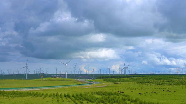 中国内蒙古辉腾锡勒草原公路和风电场视频素材