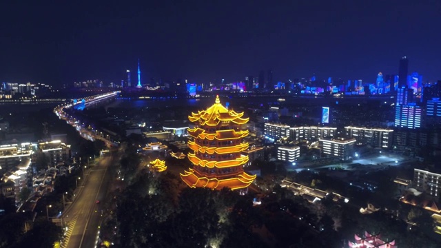 武汉黄鹤楼夜景航拍视频素材