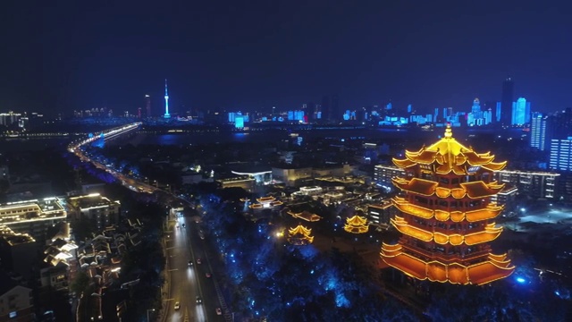 武汉黄鹤楼夜景航拍视频素材