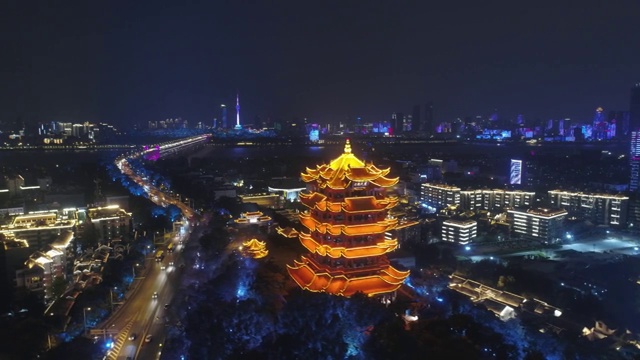 武汉黄鹤楼夜景航拍视频素材