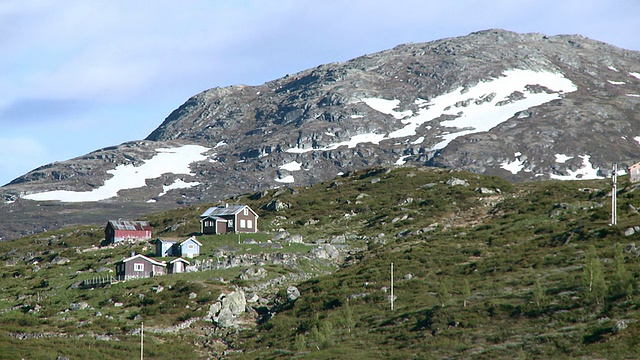 挪威，sonog Fjordane, Hemsedalsfjella山/ Borlang附近房子的WS视图视频素材