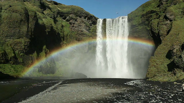 MS Rainbow over luch Skogafoss waterfall，黑色火山沙环绕区域/ HOF, Vestur-Skaftafellssysla，冰岛视频素材