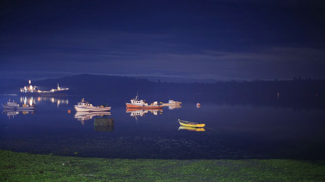 WS T/L拍摄的是停泊在湖中的船只和夜间闪烁的多盏灯/ Chonchi, Isla Grande de ChiloÌ©，智利视频素材