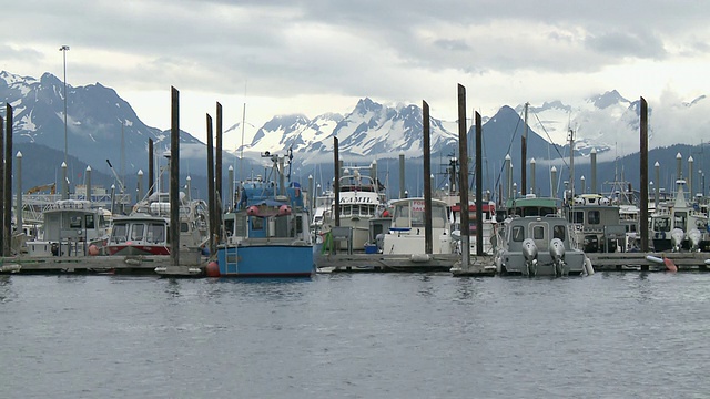 “阿拉斯加霍默船港(Homer Boat Harbor)的休闲游艇、卡切马克湾州立公园(Kachemak Bay State Park)的雪山和荒野公园(Wilderness Park)，霍默斯唾沫(Homer Spit)，霍默，基奈半岛(Kenai Peninsula)。”视频素材