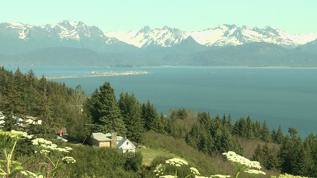 “从霍默上方的山坡上俯瞰，前景中的房屋位于森林山、霍默斯吐和卡切马克湾州立公园和荒野公园的雪山之上，横跨阿拉斯加基奈半岛的卡切马克湾。”视频素材