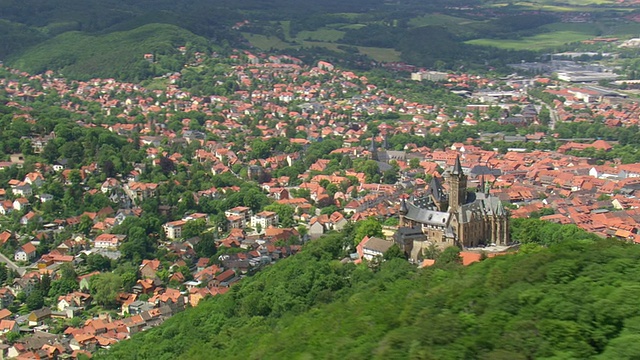 在Wernigerode /德国，Agnesberg城堡被树木和房屋包围的WS AERIAL DS视图视频素材