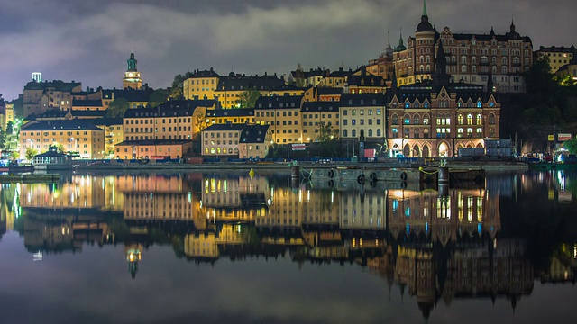 高清时间流逝:斯德哥尔摩城市建筑在山坡倾斜视频素材