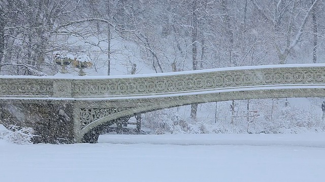 PAN相机在下雪的时候捕捉到了结冰的湖面和被雪覆盖的弓桥。由于温度低，湖水完全结冰了。视频素材