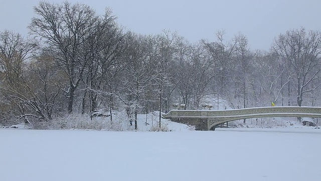 PAN相机在下雪的时候捕捉到了结冰的湖面和被雪覆盖的弓桥。人们在下雪的时候走在桥上。由于温度低，湖水完全结冰了。视频素材