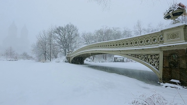 TU TD相机在下雪的时候拍摄到了结冰的湖面和被雪覆盖的弓桥。中央公园西部住宅可以看到后面的湖完全冻结的温度。视频素材