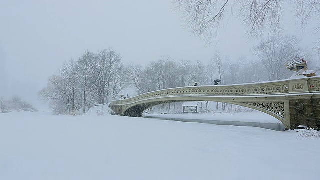 相机捕捉到了冰雪覆盖的湖面和弓桥。中央公园西部住宅可以看到后面的湖完全冻结的温度。人们在下雪的时候走在桥上。视频素材