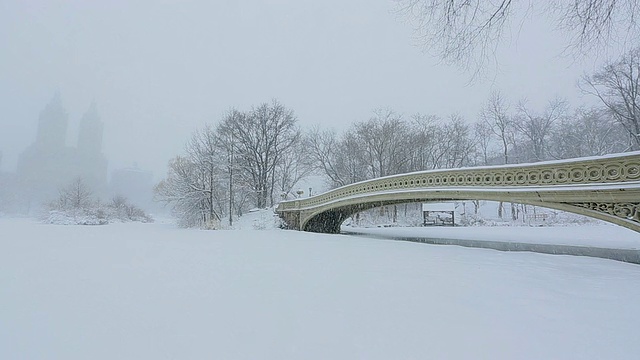 PAN相机在下雪的时候捕捉到了结冰的湖面和被雪覆盖的弓桥。中央公园西部住宅可以看到后面的湖完全冻结的温度。视频素材