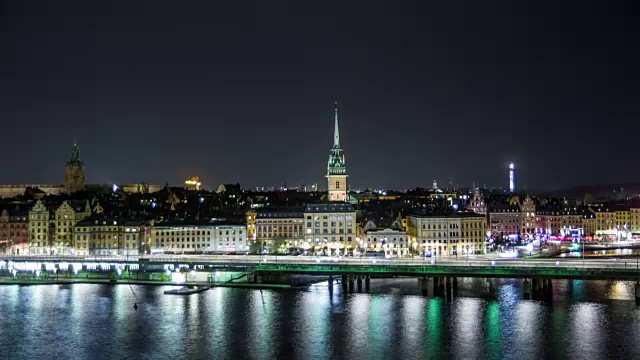 高清时间推移:斯德哥尔摩城市夜景倾斜视频素材